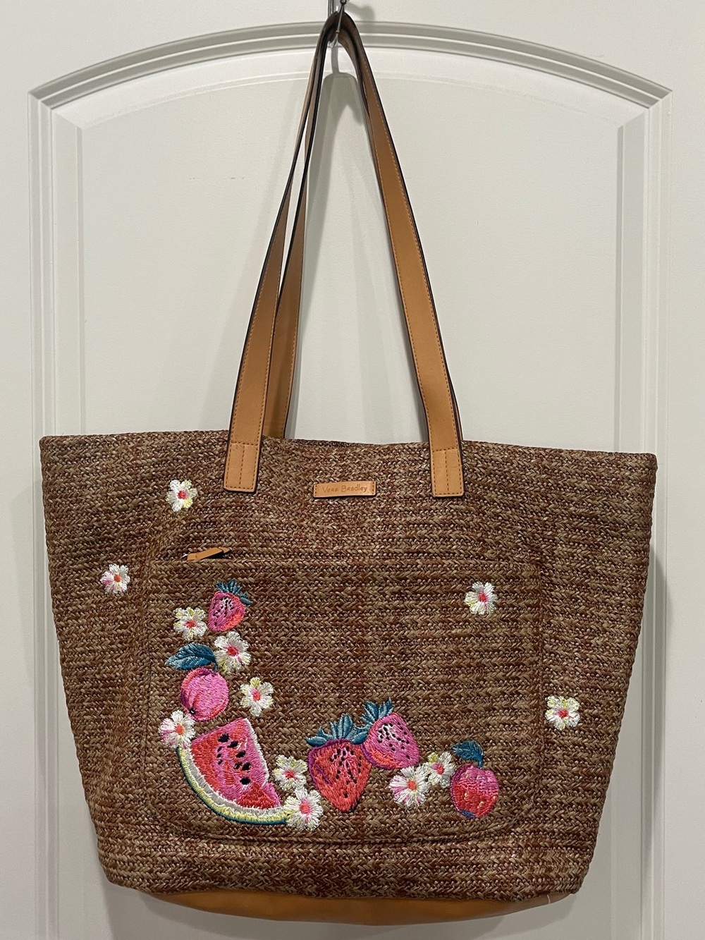Vera Bradley Straw Tote Bag Embroidered Fruit Floral Large Brown Beach